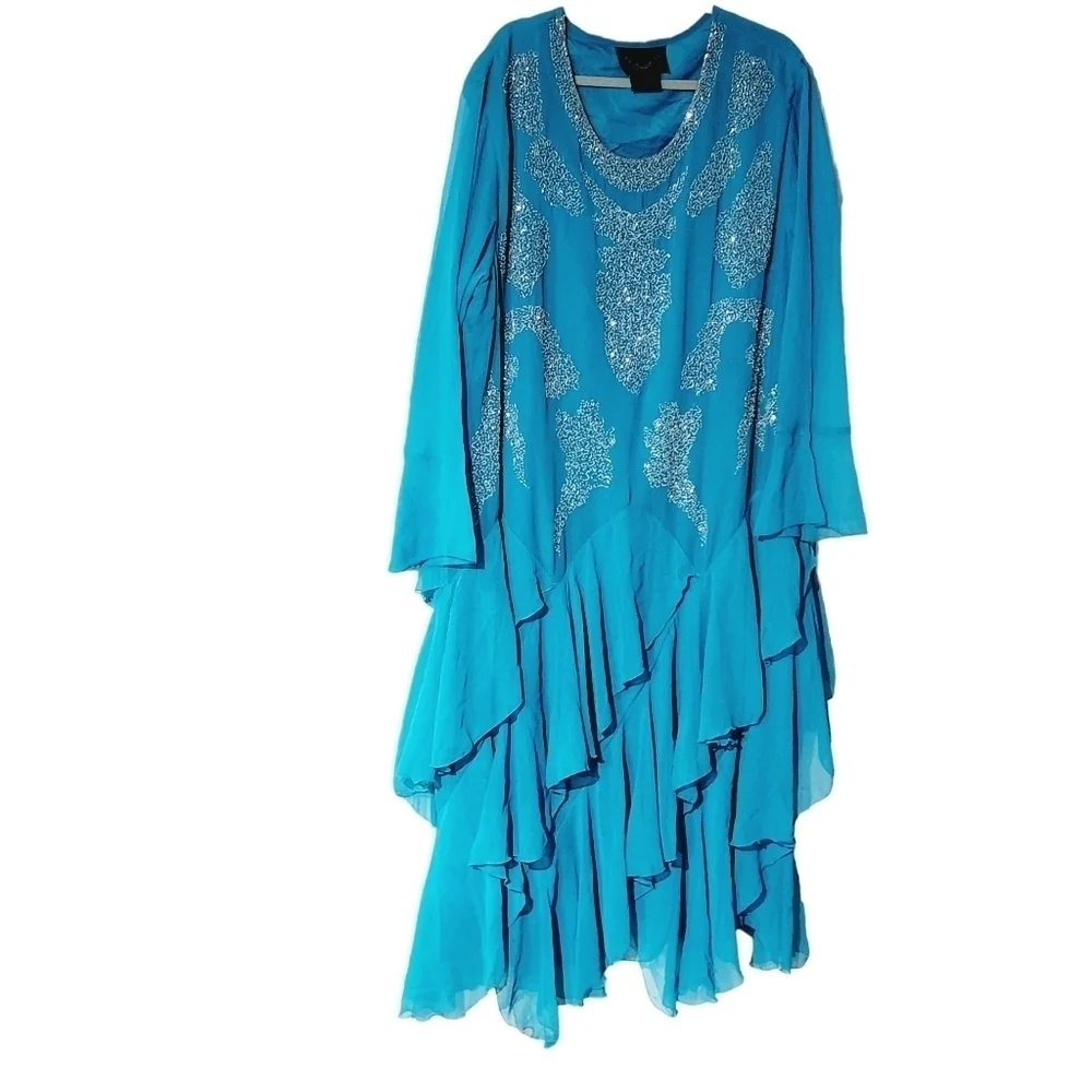 Ashro Women's Aqua Embellished Elegant Evening Flowy Gown Sz: 3X - Picture 1 of 9